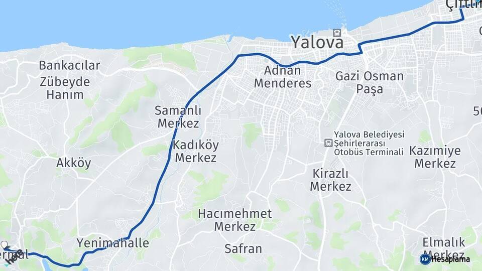Yalova Çiftlikköy Termal Arası Kaç Km - Yol Haritası