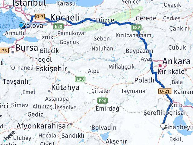 Yalova Cihanbeyli Konya Arası Kaç Km - Yol Haritası