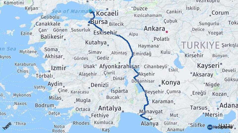 Yalova Çınarcık Alanya Antalya Arası Kaç Km - Yol Haritası