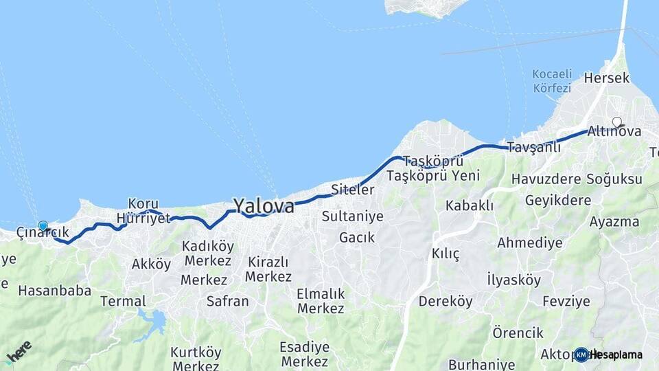 Yalova Çınarcık Altınova Arası Kaç Km - Yol Haritası
