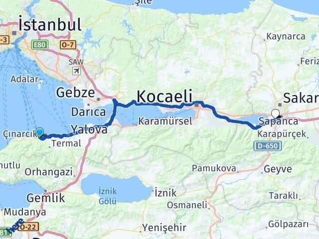 Yalova Çınarcık Arifiye Sakarya Arası Kaç Km - Yol Haritası