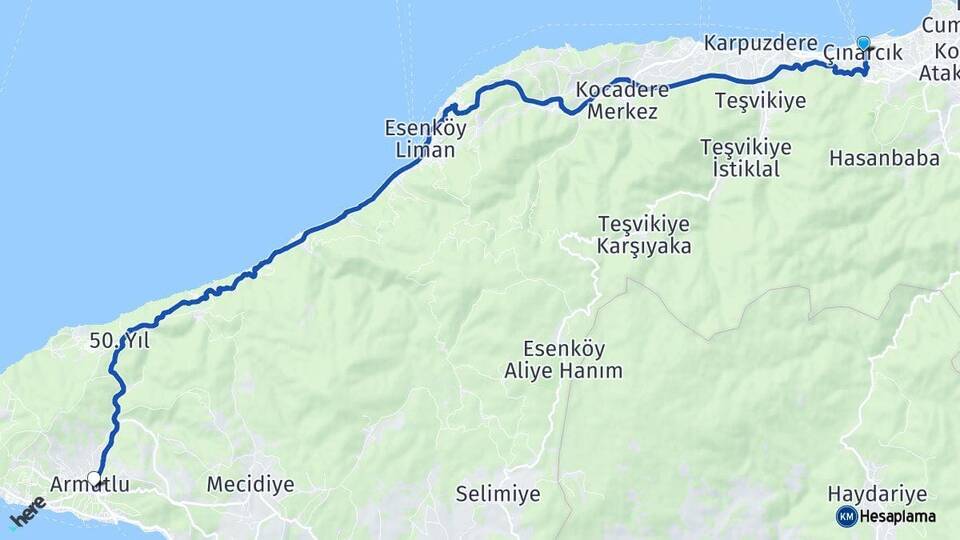 Yalova Çınarcık Armutlu Arası Kaç Km - Yol Haritası
