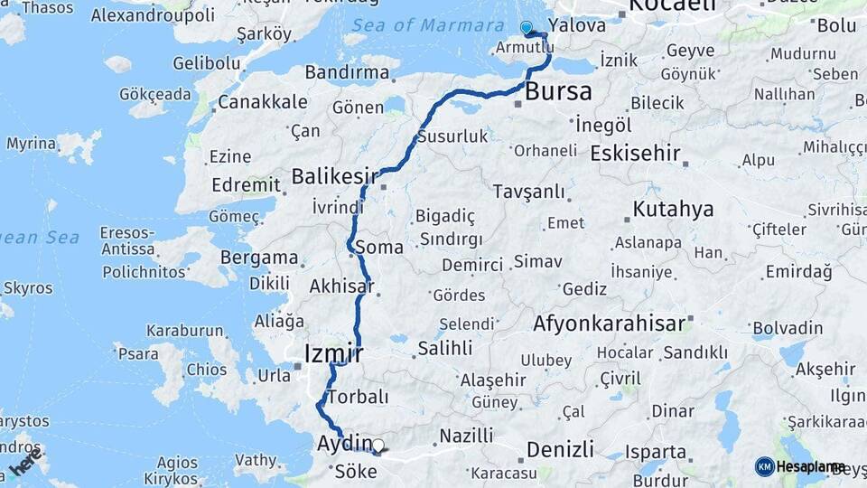 Yalova Çınarcık Aydın Arası Kaç Km - Yol Haritası