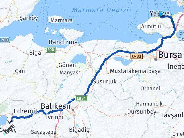 Yalova Çınarcık Burhaniye Balıkesir Arası Kaç Km - Yol Haritası