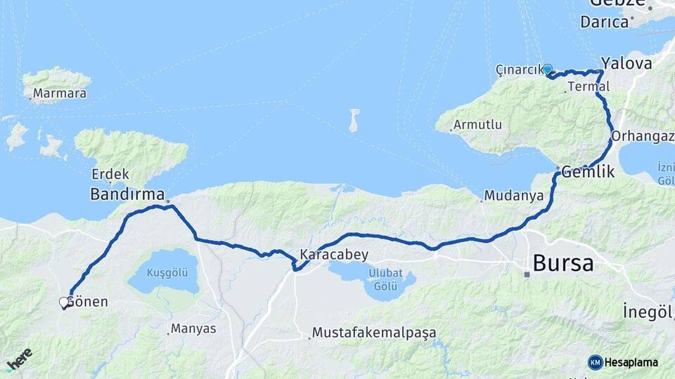 Yalova Çınarcık Gönen Balıkesir Arası Kaç Km - Yol Haritası