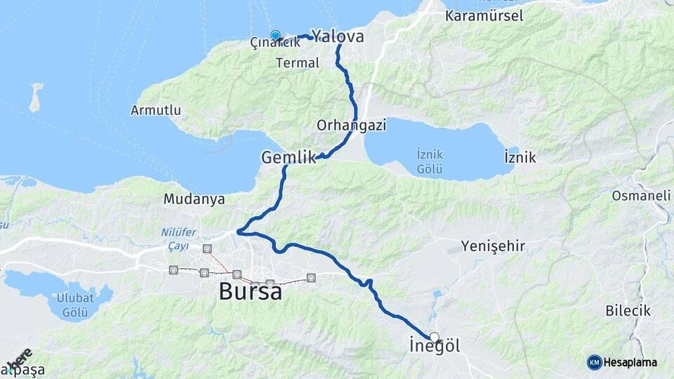 Yalova Çınarcık İnegöl Bursa Arası Kaç Km - Yol Haritası