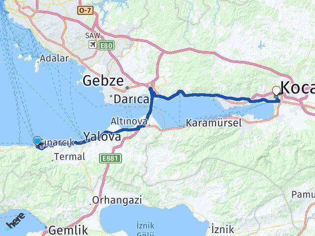 Yalova Çınarcık Kocaeli Arası Kaç Km - Yol Haritası