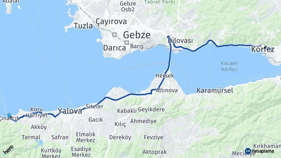 Yalova Çınarcık Körfez Kocaeli Arası Kaç Km - Yol Haritası