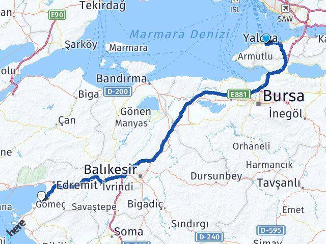 Yalova Çınarcık Pelitköy Burhaniye Balıkesir Arası Kaç Km - Yol Haritası
