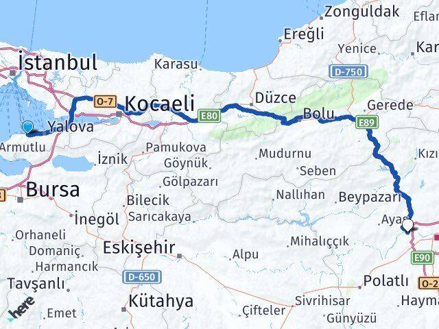 Yalova Çınarcık Sincan Ankara Arası Kaç Km - Yol Haritası