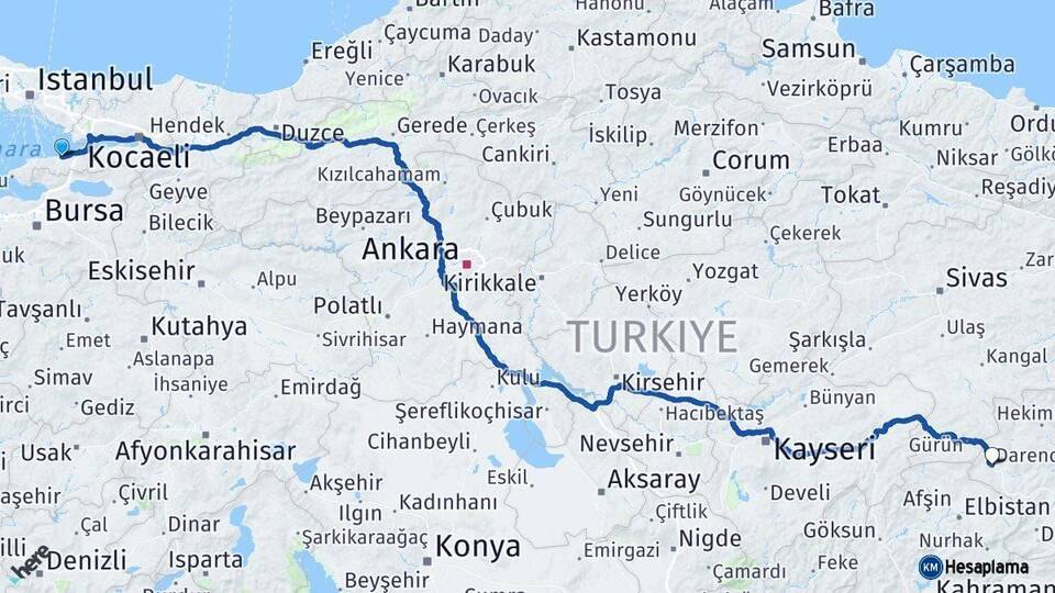 Yalova Darende Malatya Arası Kaç Km - Yol Haritası