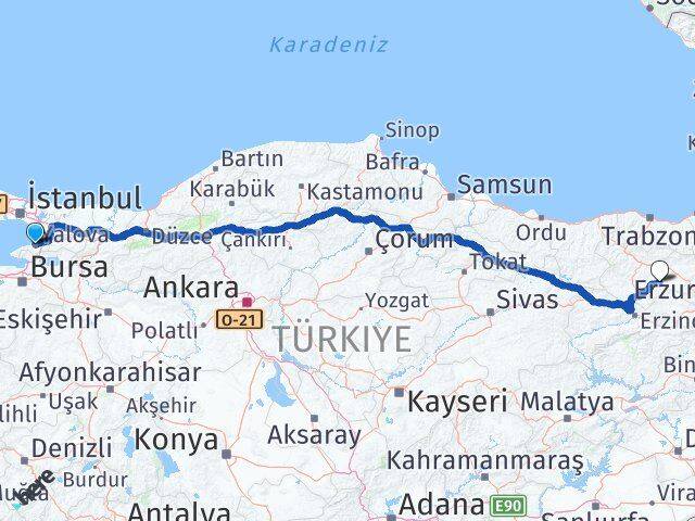 Yalova Demirözü Bayburt Arası Kaç Km - Yol Haritası