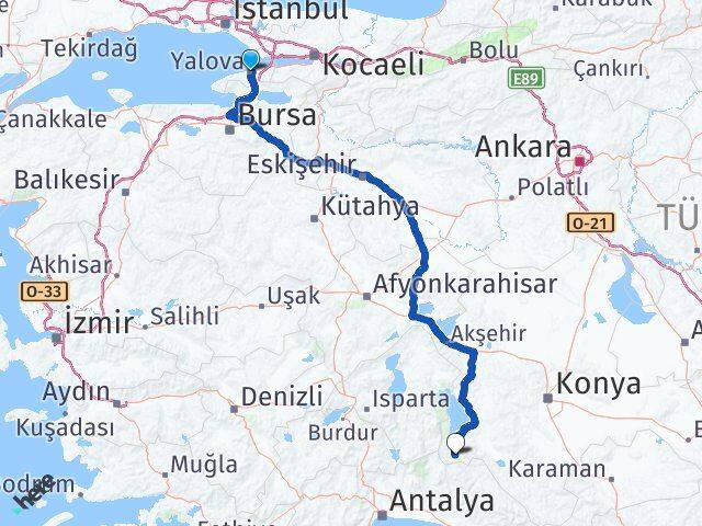 Yalova Derebucak Konya Arası Kaç Km - Yol Haritası
