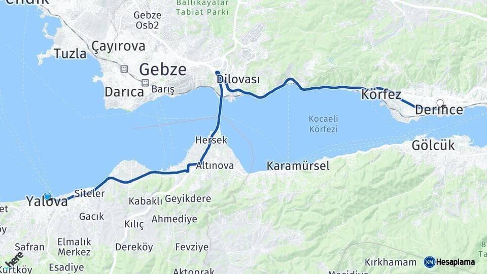 Yalova Derince Kocaeli Arası Kaç Km - Yol Haritası
