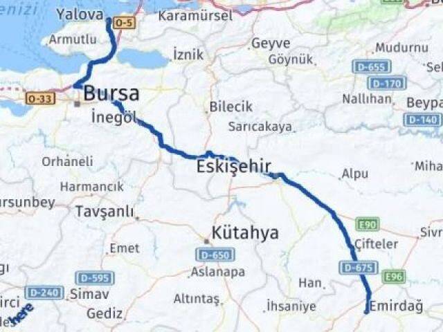 Yalova Emirdağ Afyonkarahisar Arası Kaç Km - Yol Haritası