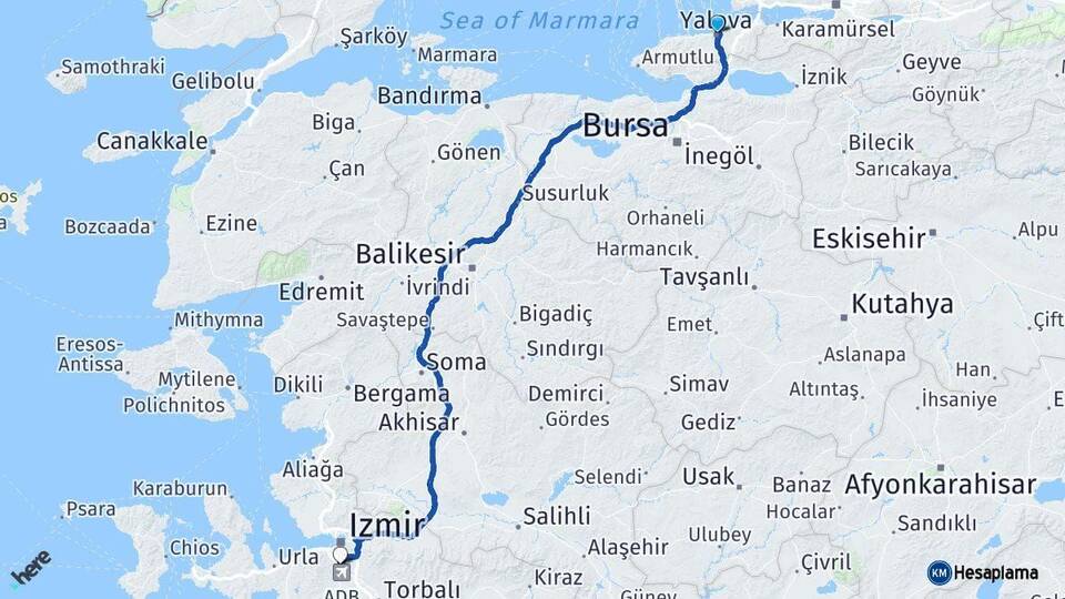 Yalova Gaziemir İzmir Arası Kaç Km - Yol Haritası