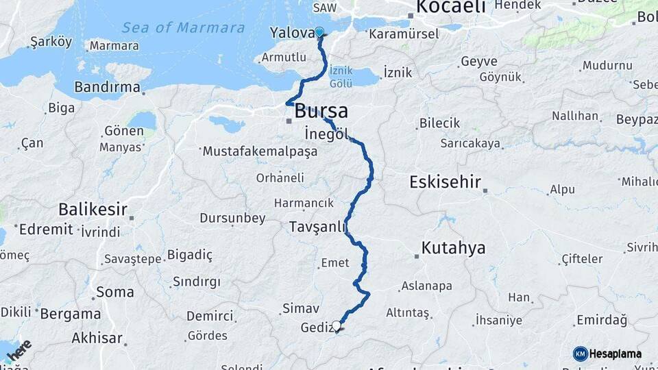 Yalova Gediz Kütahya Arası Kaç Km - Yol Haritası