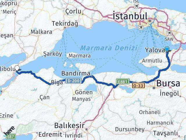 Yalova Gelibolu Çanakkale Arası Kaç Km - Yol Haritası