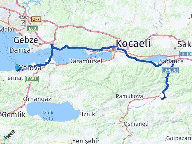 Yalova Geyve Sakarya Arası Kaç Km - Yol Haritası