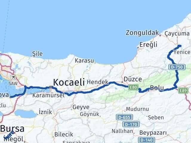 Yalova Gökçebey Zonguldak Arası Kaç Km - Yol Haritası