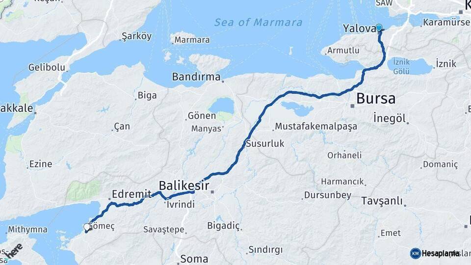 Yalova Gömeç Balıkesir Arası Kaç Km - Yol Haritası