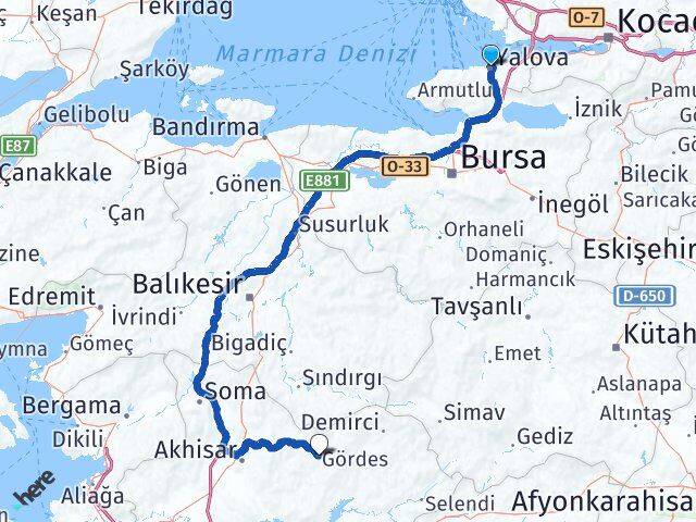 Yalova Gördes Manisa Arası Kaç Km - Yol Haritası