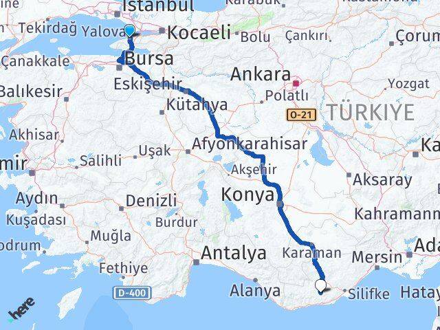 Yalova Gülnar Mersin Arası Kaç Km - Yol Haritası