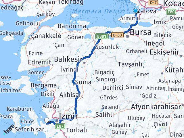 Yalova Güzelbahçe İzmir Arası Kaç Km - Yol Haritası