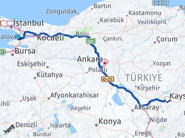 Yalova Hacılar Kayseri Arası Kaç Km - Yol Haritası