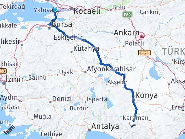 Yalova Hadim Konya Arası Kaç Km - Yol Haritası