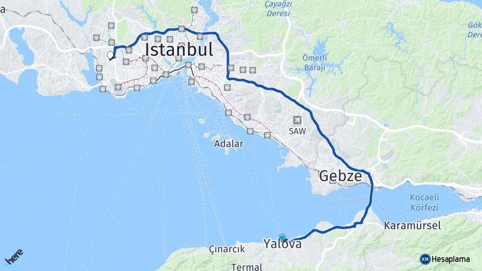 Yalova Halkalı Küçükçekmece İstanbul Arası Kaç Km - Yol Haritası