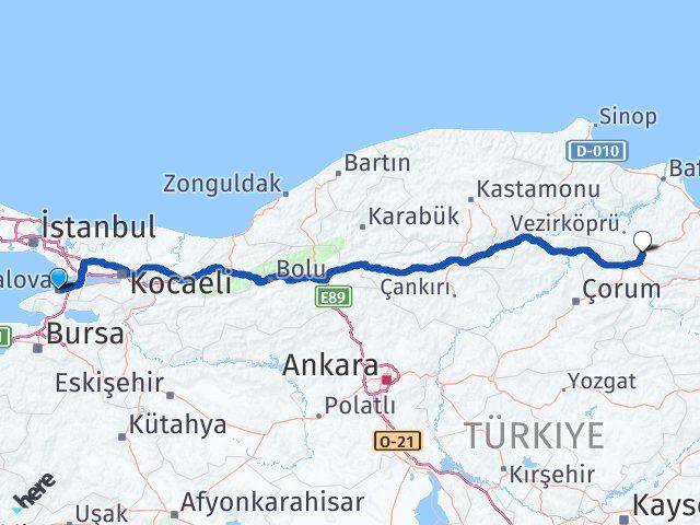 Yalova Havza Samsun Arası Kaç Km - Yol Haritası