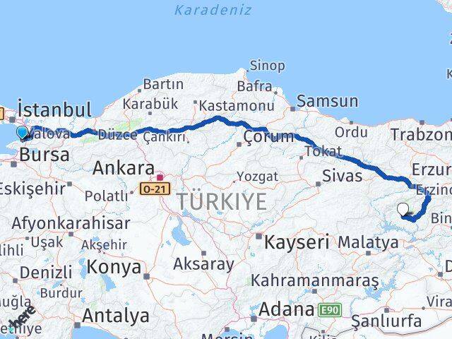 Yalova Hozat Tunceli Arası Kaç Km - Yol Haritası