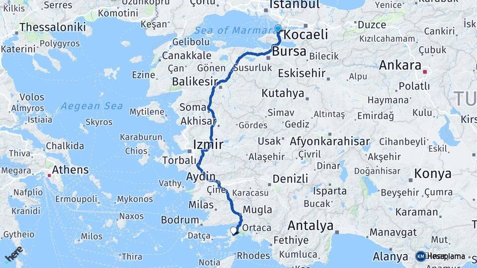 Yalova İçmeler Marmaris Muğla Arası Kaç Km - Yol Haritası