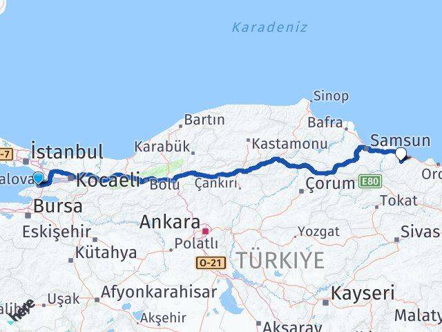 Yalova İkizce Ordu Arası Kaç Km - Yol Haritası