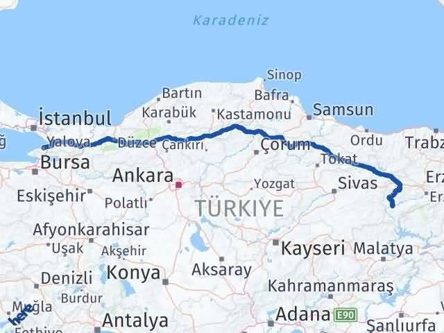 Yalova İliç Erzincan Arası Kaç Km - Yol Haritası