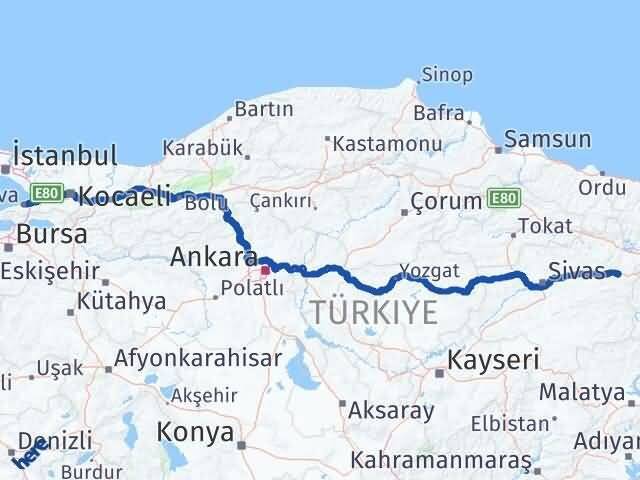 Yalova İmranlı Sivas Arası Kaç Km - Yol Haritası