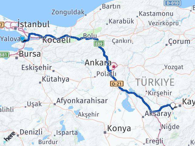 Yalova İncesu Kayseri Arası Kaç Km - Yol Haritası