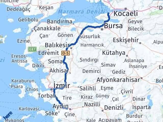 Yalova İncirliova Aydın Arası Kaç Km - Yol Haritası