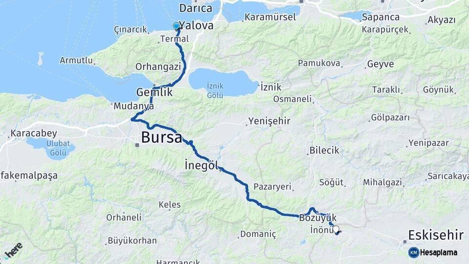 Yalova İnönü Eskişehir Arası Kaç Km - Yol Haritası