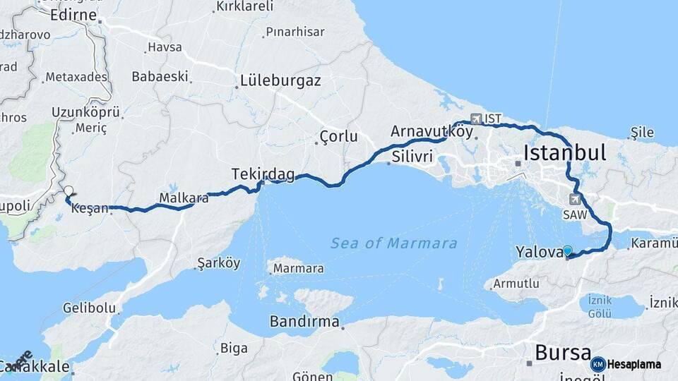 Yalova İpsala Edirne Arası Kaç Km - Yol Haritası