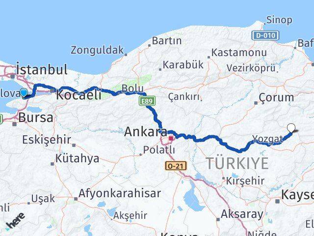 Yalova Kadışehri Yozgat Arası Kaç Km - Yol Haritası