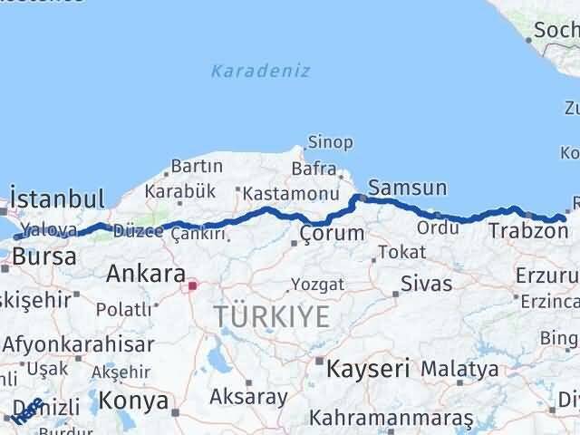 Yalova Kalkandere Rize Arası Kaç Km - Yol Haritası