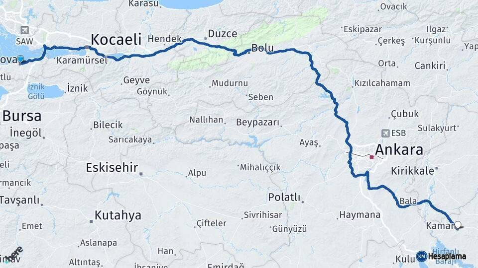 Yalova Kaman Kırşehir Arası Kaç Km - Yol Haritası