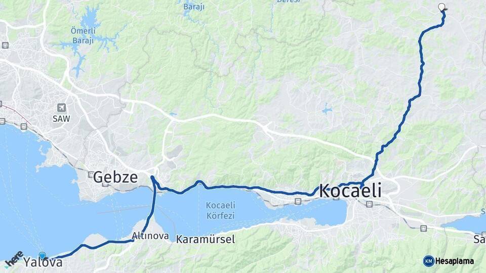 Yalova Kandıra Kocaeli Arası Kaç Km - Yol Haritası