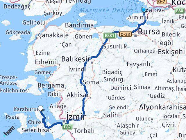 Yalova Karaburun İzmir Arası Kaç Km - Yol Haritası