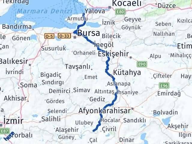 Yalova Karahallı Uşak Arası Kaç Km - Yol Haritası