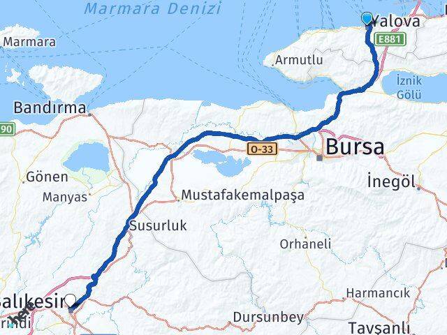 Yalova Karesi Balıkesir Arası Kaç Km - Yol Haritası