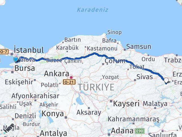 Yalova Kemah Erzincan Arası Kaç Km - Yol Haritası