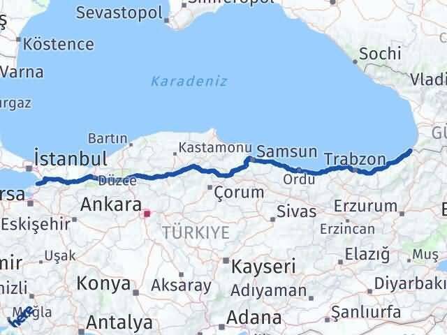 Yalova Kemalpaşa Artvin Arası Kaç Km - Yol Haritası